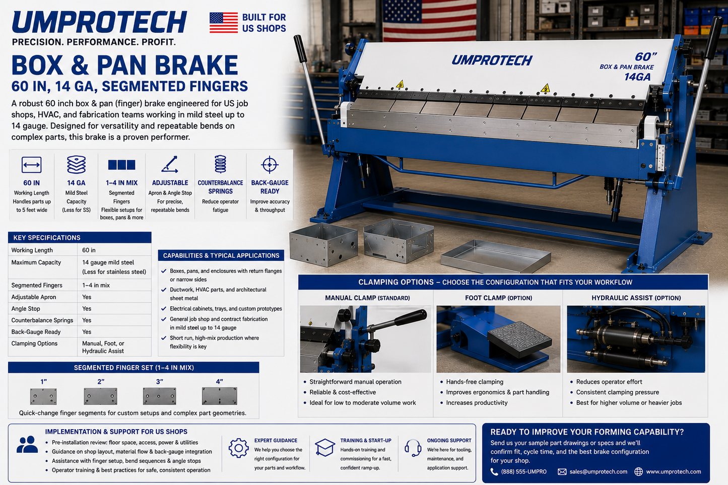 UmproTech Box & Pan Brake 60in 14ga Segmented Finger Brake USA - UmproTech Box & Pan Brake package review for U.S. buyers, applications, delivery and startup support