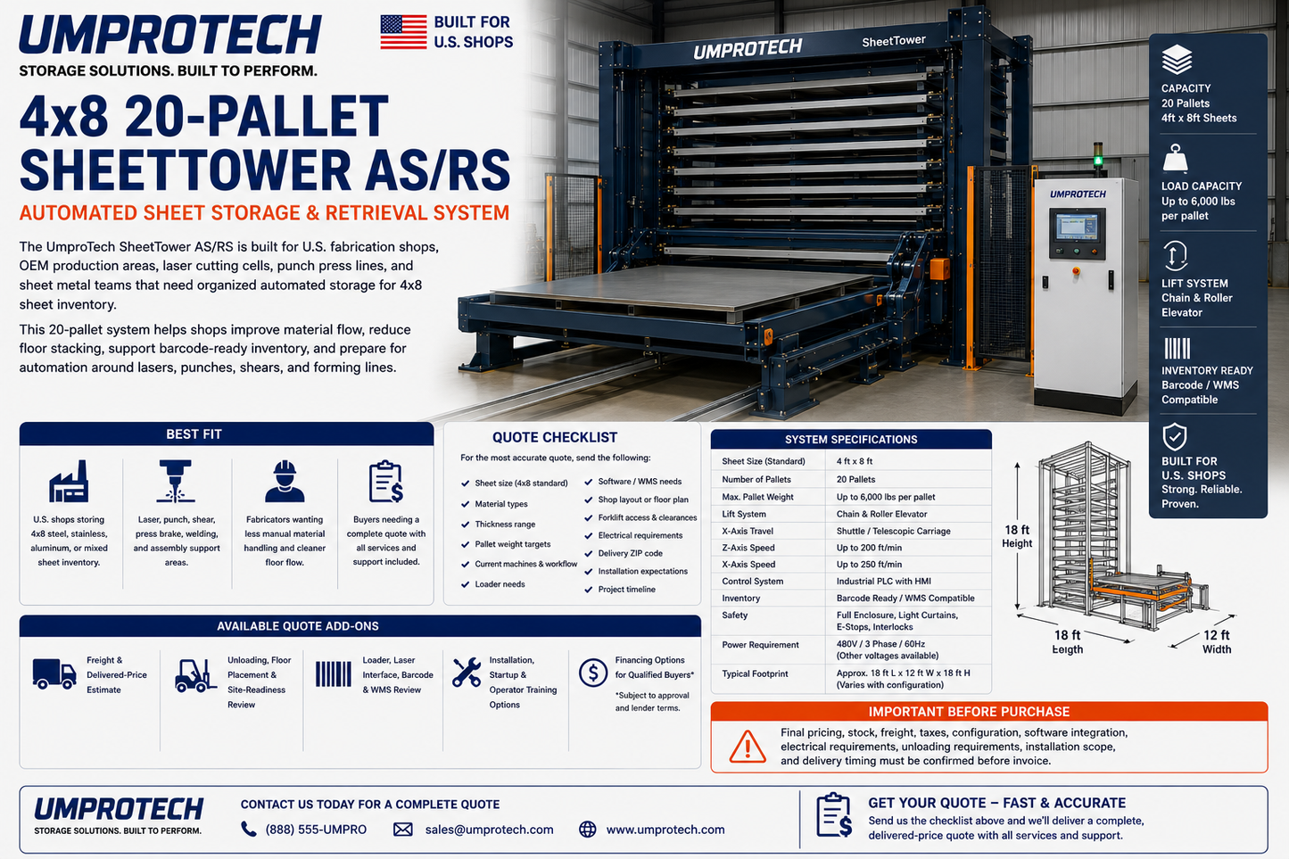UmproTech SheetTower AS/RS 4x8, 20-Pallet Automated Sheet Storage USA - Automated Sheet Storage AS/RS for U.S. fabrication buyers