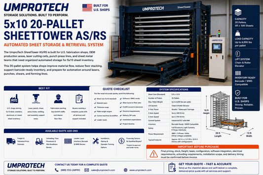 UmproTech SheetTower AS/RS 5x10, 20-Pallet Automated Sheet Storage