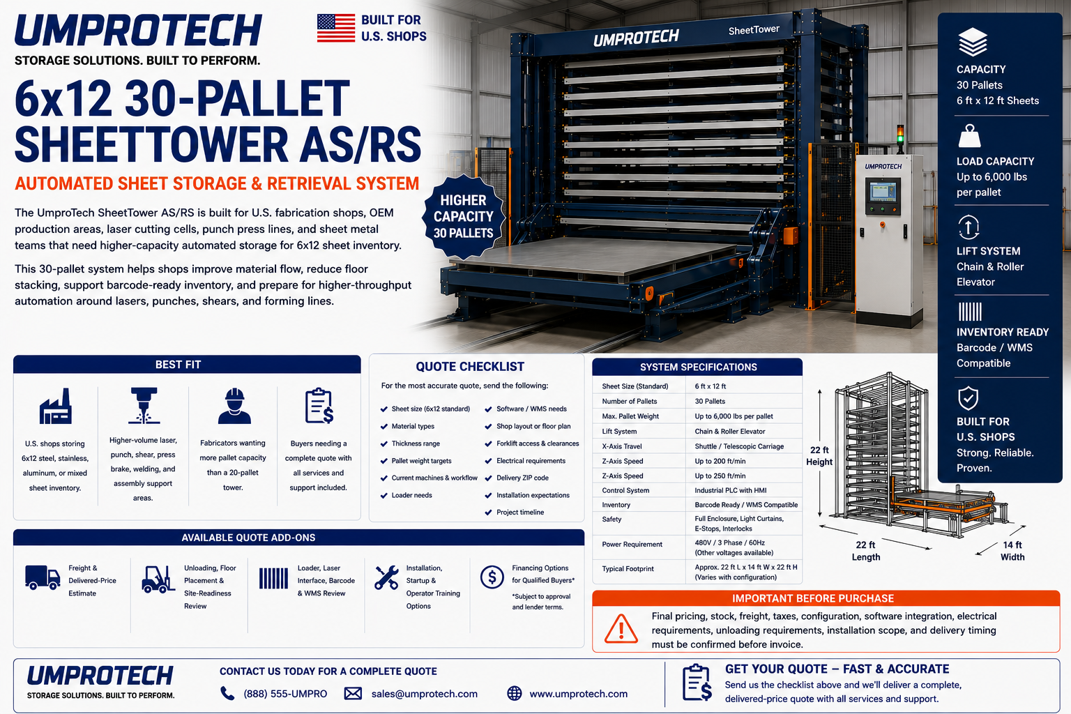 UmproTech SheetTower AS/RS 6x12, 30-Pallet Automated Sheet Storage USA - Automated Sheet Storage AS/RS for U.S. fabrication buyers