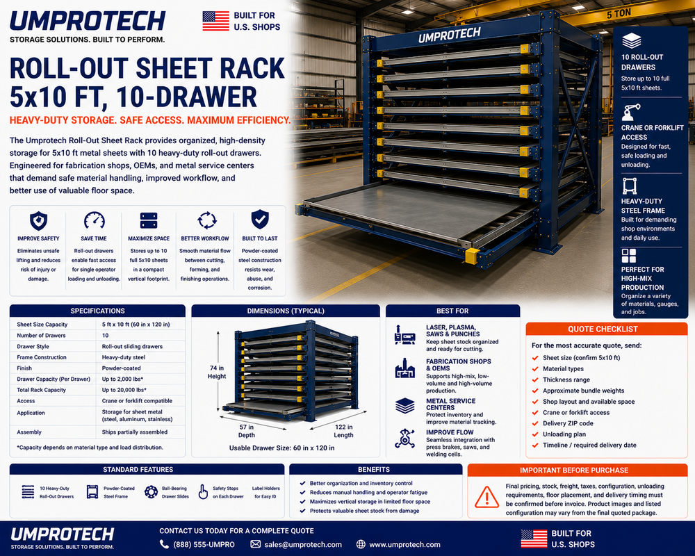 UmproTech Roll-Out Sheet Rack 5x10 10-Drawer USA - Roll-Out Sheet Rack for U.S. fabrication buyers