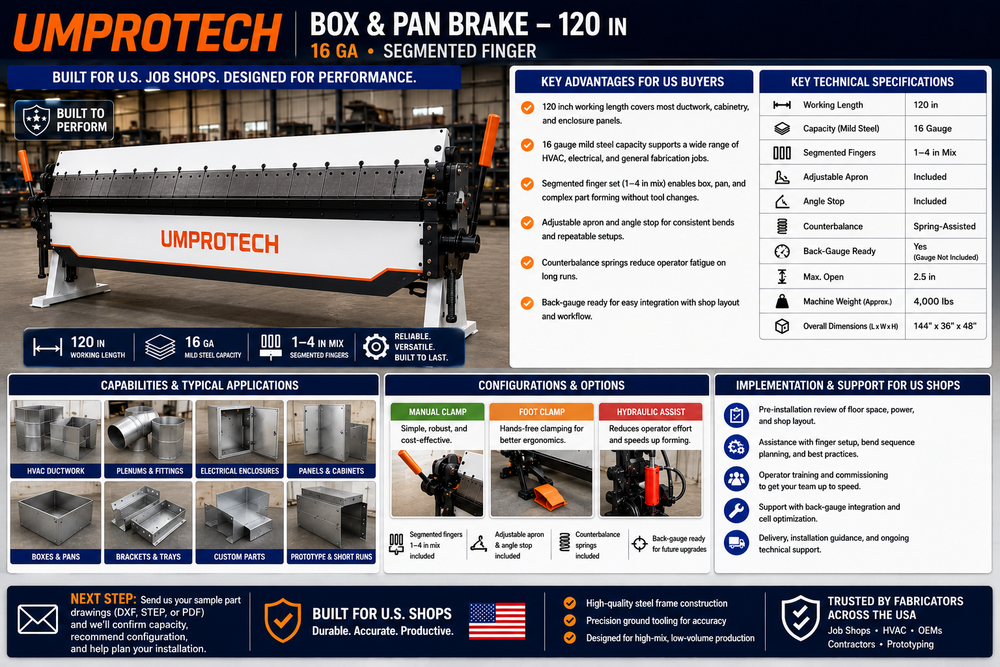 UmproTech Box & Pan Brake, 120in, 16ga, Segmented Finger USA - UmproTech Box & Pan Brake package review for U.S. buyers, applications, delivery and startup support