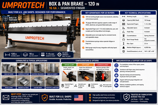Umprotech Box & Pan Brake, 120in, 16ga, Segmented Finger