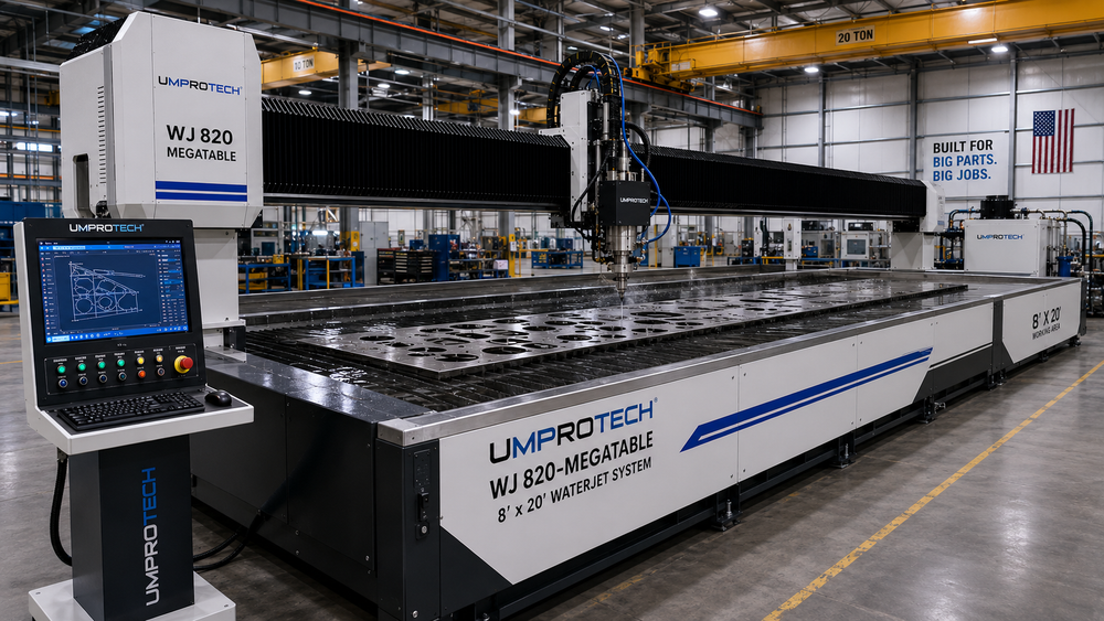 UmproTech WJ 820 MegaTable Waterjet Cutting Machine USA | 8 ft x 20 ft - Large-Format Industrial Waterjet Cutting Machine package review for U.S. fabrication shops by UmproTech