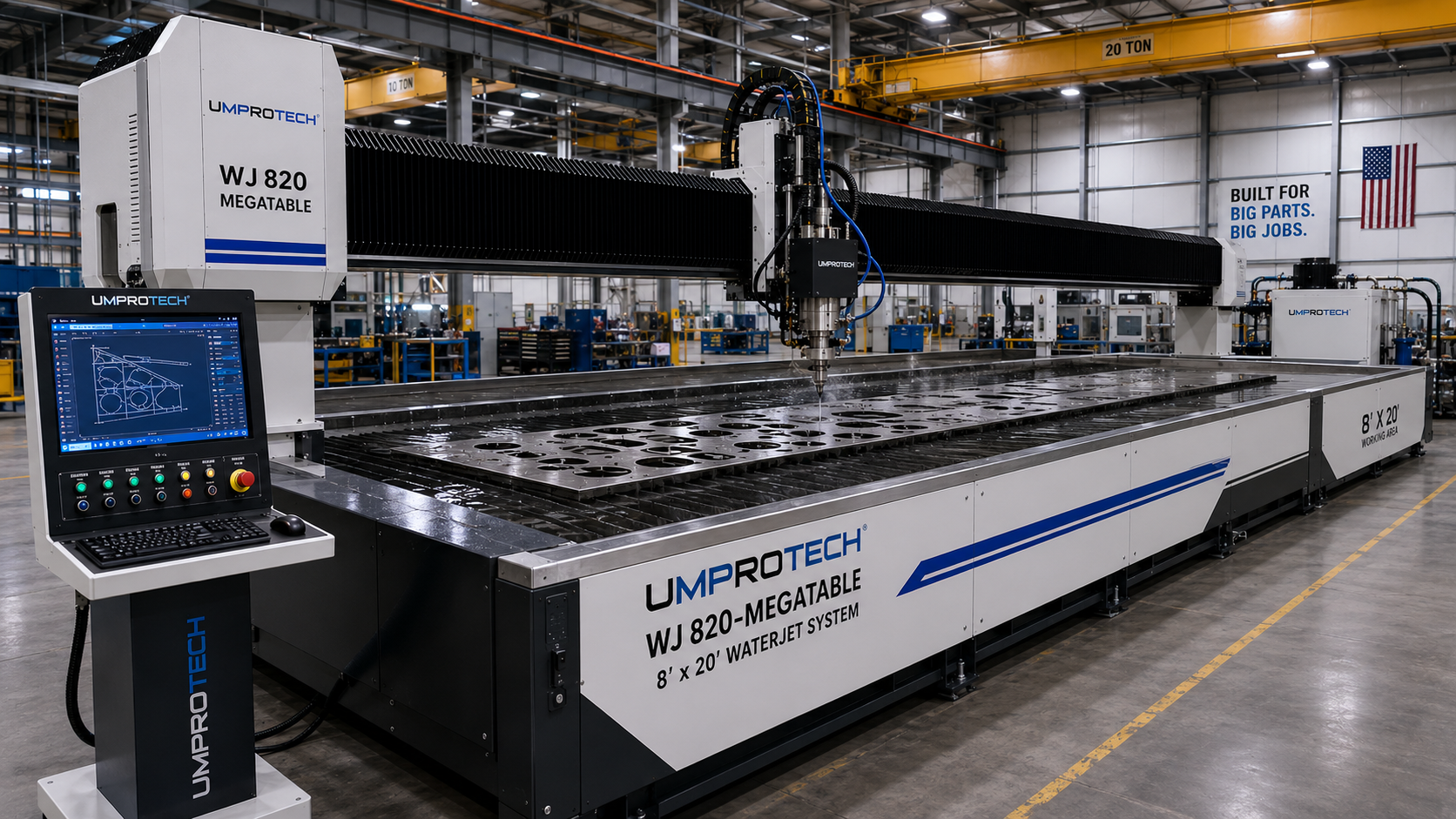 UmproTech WJ 820 MegaTable Waterjet Cutting Machine USA | 8 ft x 20 ft - Large-Format Industrial Waterjet Cutting Machine package review for U.S. fabrication shops by UmproTech