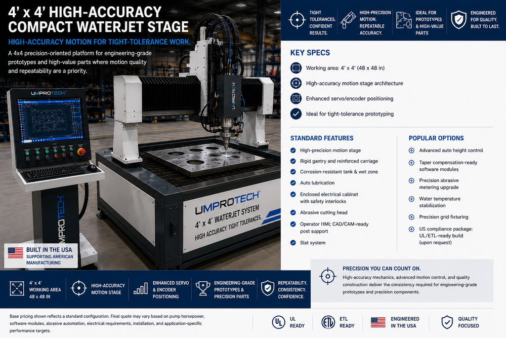 UmproTech WJ 3232 Compact 3x3 Waterjet Machine USA - Compact Waterjet Cutting Machine package review for U.S. fabrication shops by UmproTech