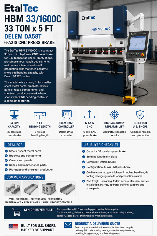 EtalTec HBM 33/1600C – 33 Ton x 5 ft Delem DA58T 6-Axis CNC Press Brake