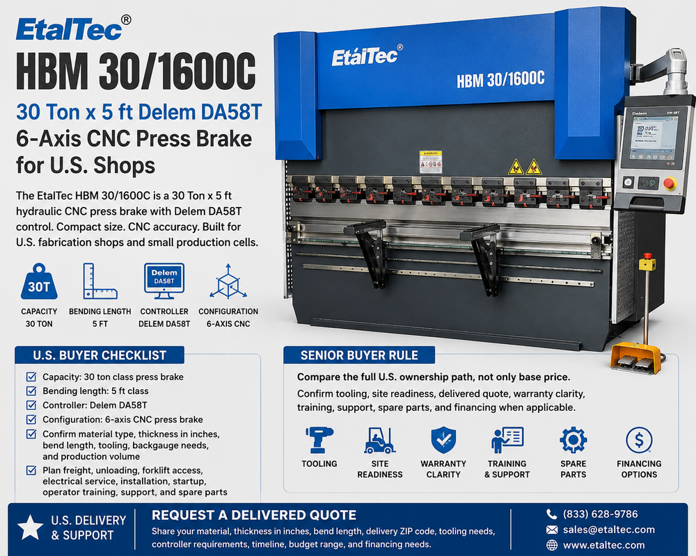 EtalTec HBM 30/1600C 30 ton x 5 ft DA58T 6-Axis CNC Press Brake for USA fabrication shops