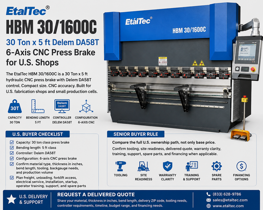 EtalTec HBM 30/1600C – 30 Ton x 5 ft Delem DA58T 6-Axis CNC Press Brake