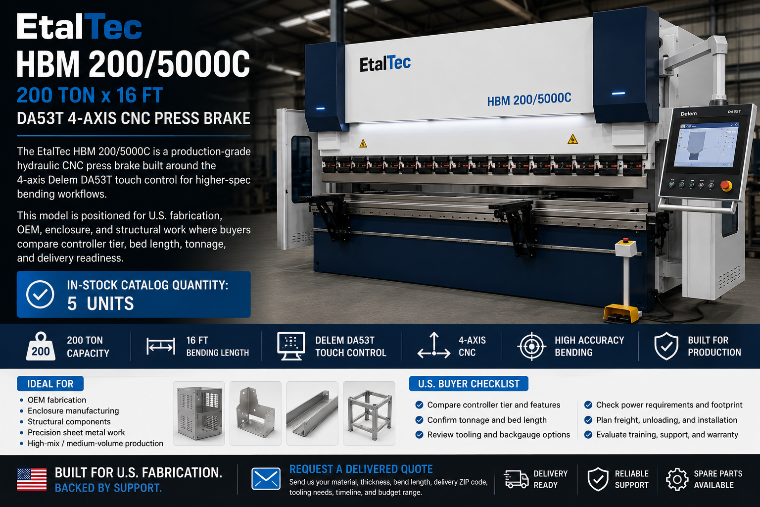 EtalTec HBM 200/5000C 200 ton x 16 ft DA53T 4-Axis CNC Press Brake for USA fabrication shops