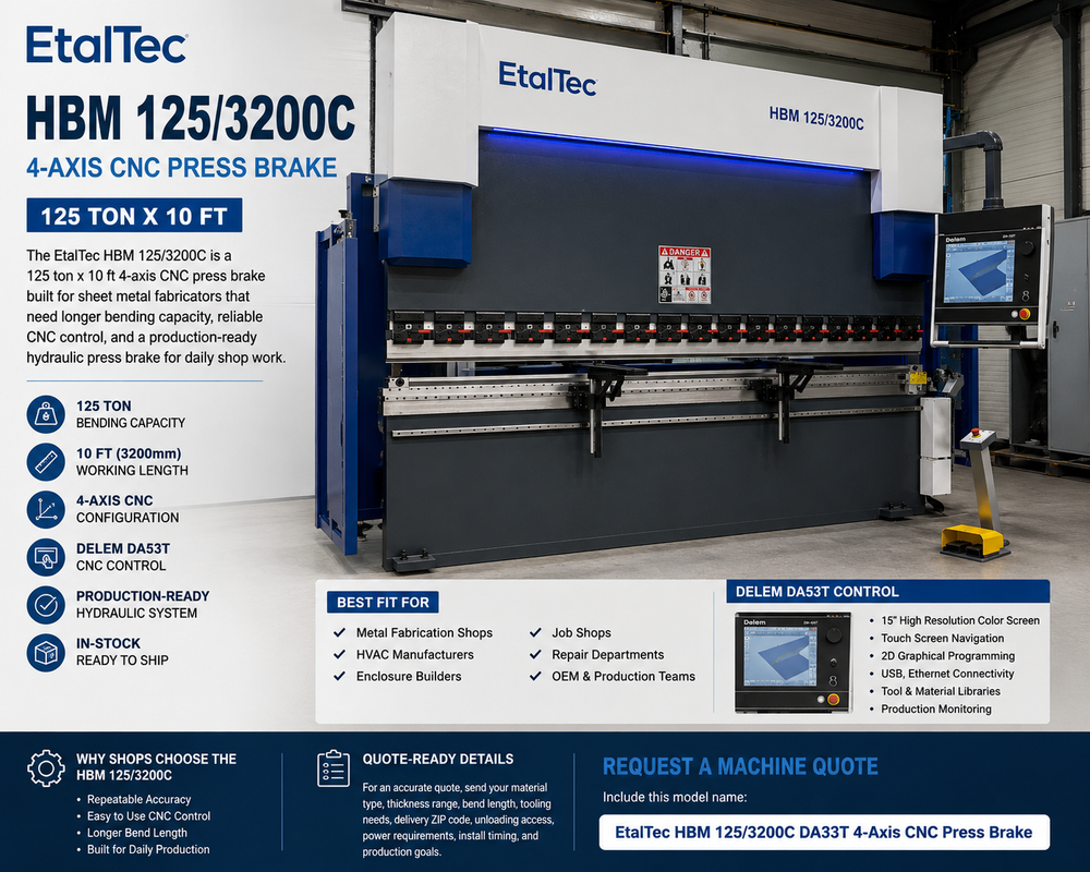 EtalTec HBM 125/3200C 125 ton x 10 ft DA53T 4-Axis CNC Press Brake for USA fabrication shops