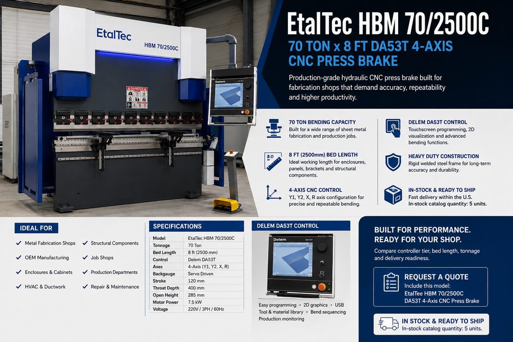 EtalTec HBM 70/2500C 70 Ton x 8 ft DA53T CNC Press Brake USA for U.S. fabrication buyers reviewing 4-Axis Hydraulic CNC Press Brake, quote details, delivery, startup support,