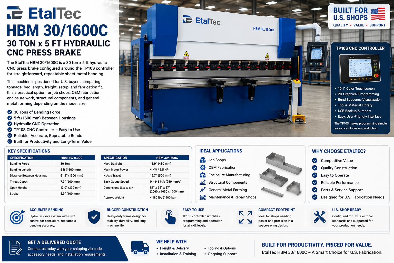 EtalTec HBM 33/1600C USA – 33 Ton x 5 ft TP10S CNC Press Brake - UmproTech Financing / Lease-to-Own USA industrial equipment