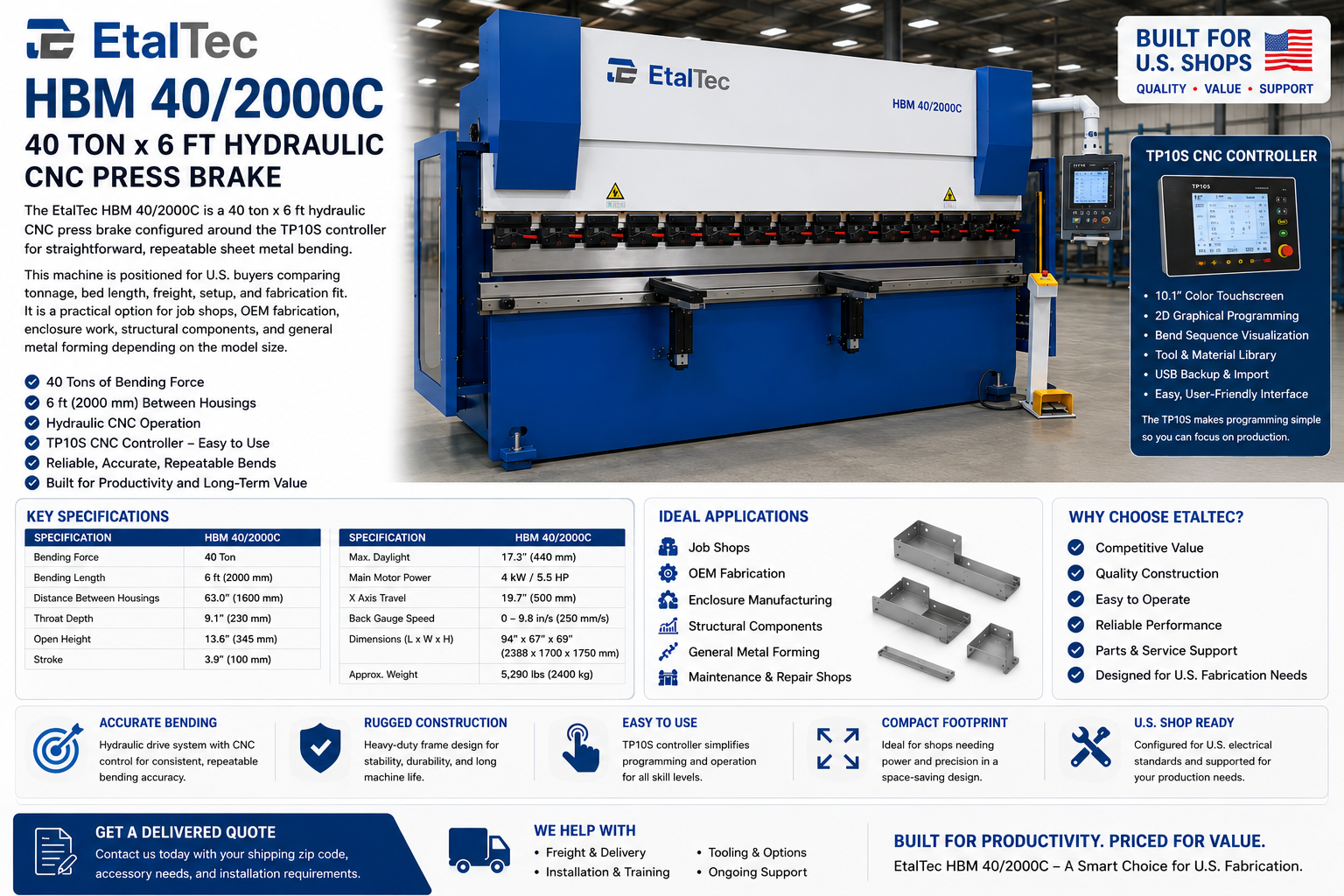 EtalTec HBM 40/2000C USA – 40 Ton x 6 ft TP10S CNC Press Brake - UmproTech Financing / Lease-to-Own USA industrial equipment