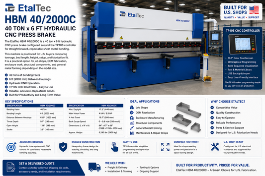 EtalTec HBM 40/2000C USA – 40 Ton x 6 ft TP10S CNC Press Brake - UmproTech Financing / Lease-to-Own USA industrial equipment