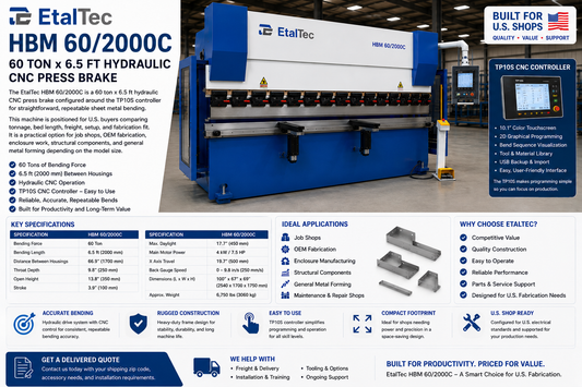 EtalTec HBM 60/2000C USA – 60 Ton x 6.5 ft TP10S CNC Press Brake - UmproTech Financing / Lease-to-Own USA industrial equipment