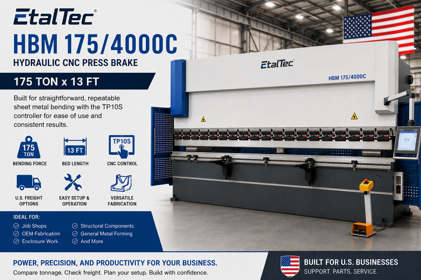 EtalTec HBM 175/4000C USA – 175 Ton x 13 ft TP10S CNC Press Brake - UmproTech Financing / Lease-to-Own USA industrial equipment