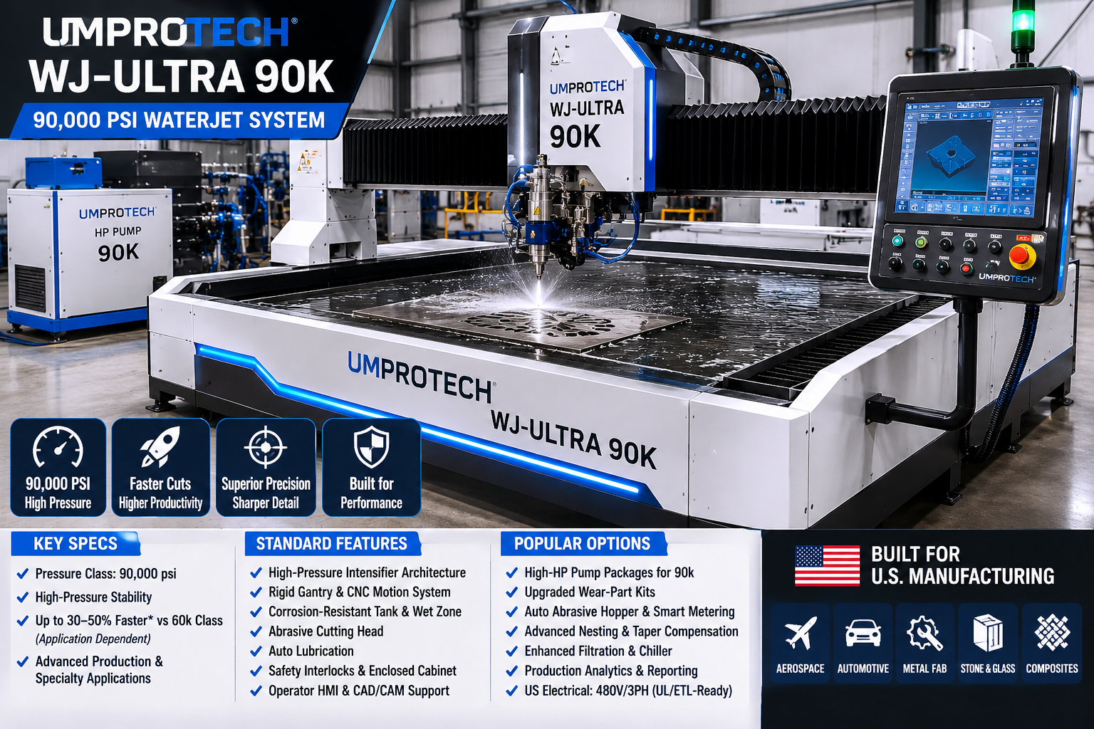 UmproTech WJ-Ultra 90K high-pressure precision waterjet cutting machine