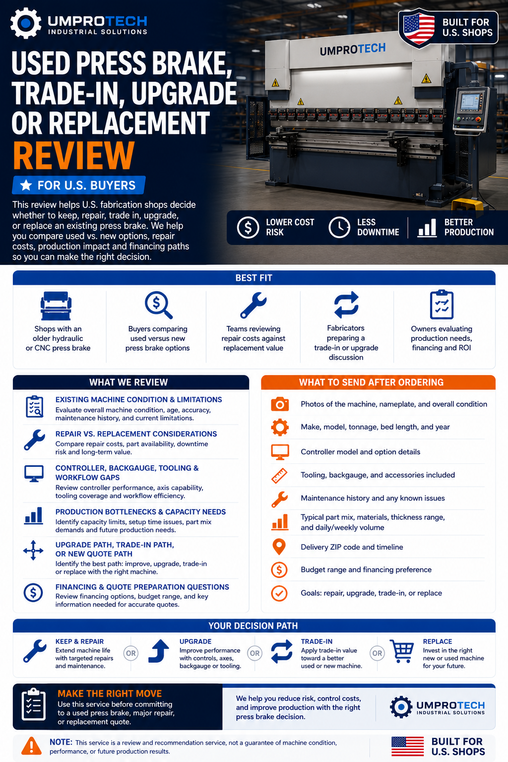 Used Press Brake & Trade-In Review USA by UmproTech for fabrication equipment quote review