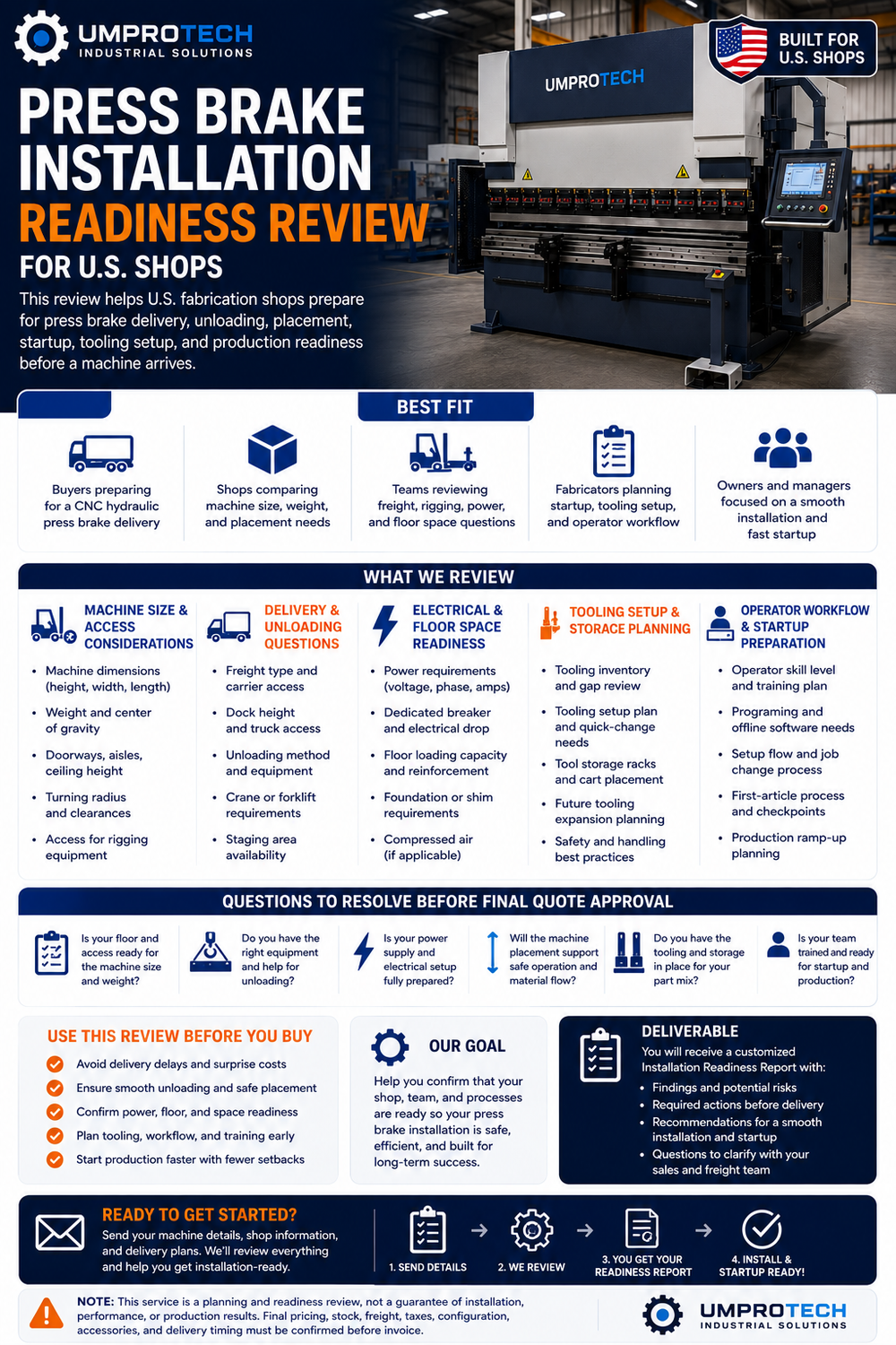 Press Brake Installation Readiness Review USA by UmproTech for fabrication equipment quote review