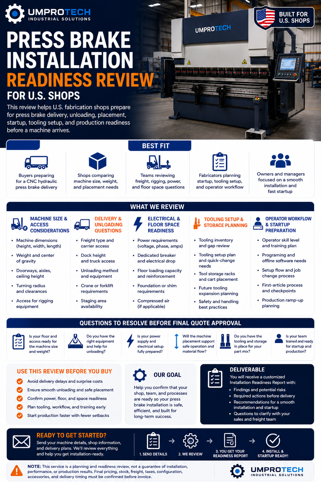 Press Brake Installation Readiness Review USA by UmproTech for fabrication equipment quote review