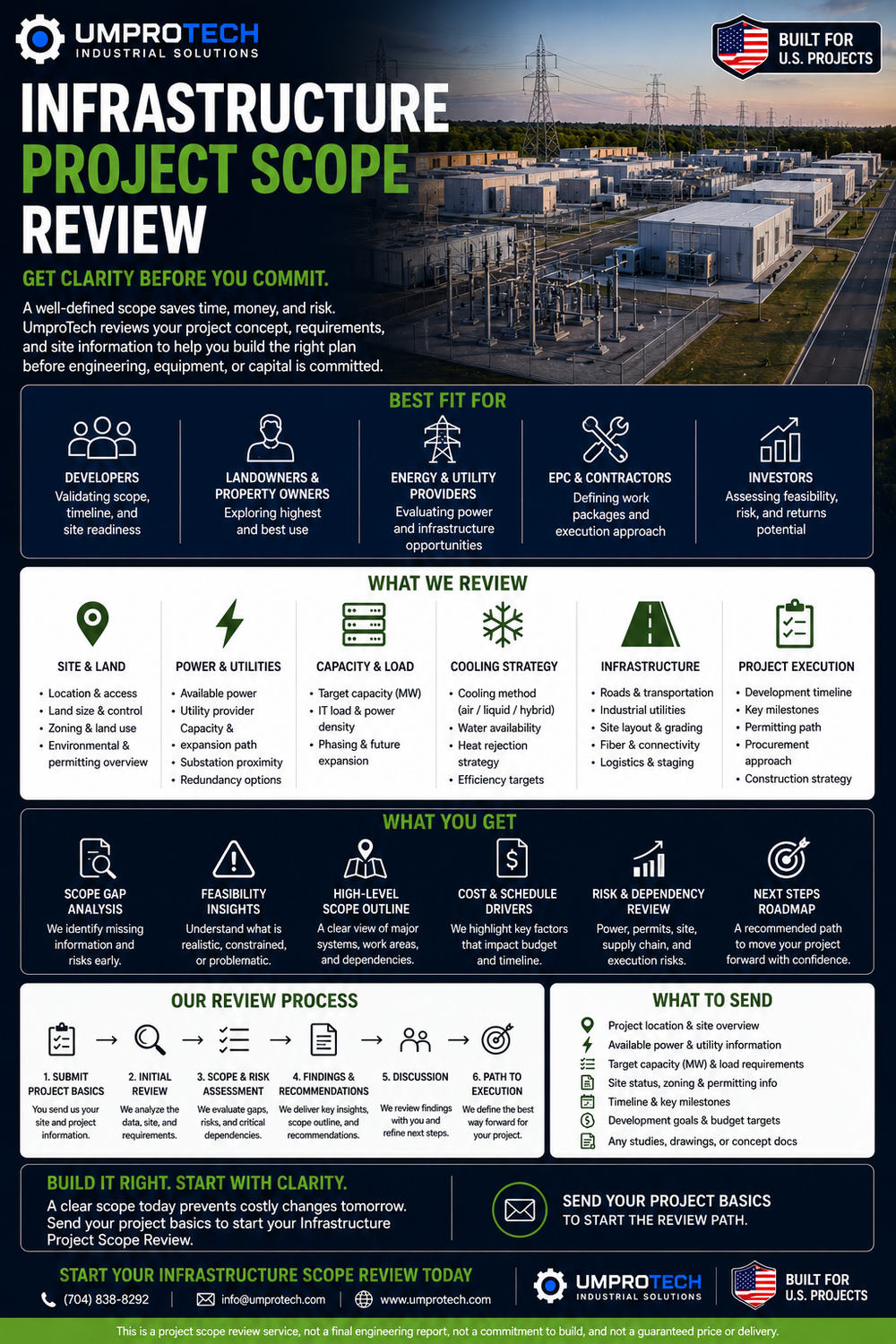 Infrastructure Project Scope Review USA | Site, Power & Equipment Path shown for UmproTech project planning / infrastructure quote review, delivery planning