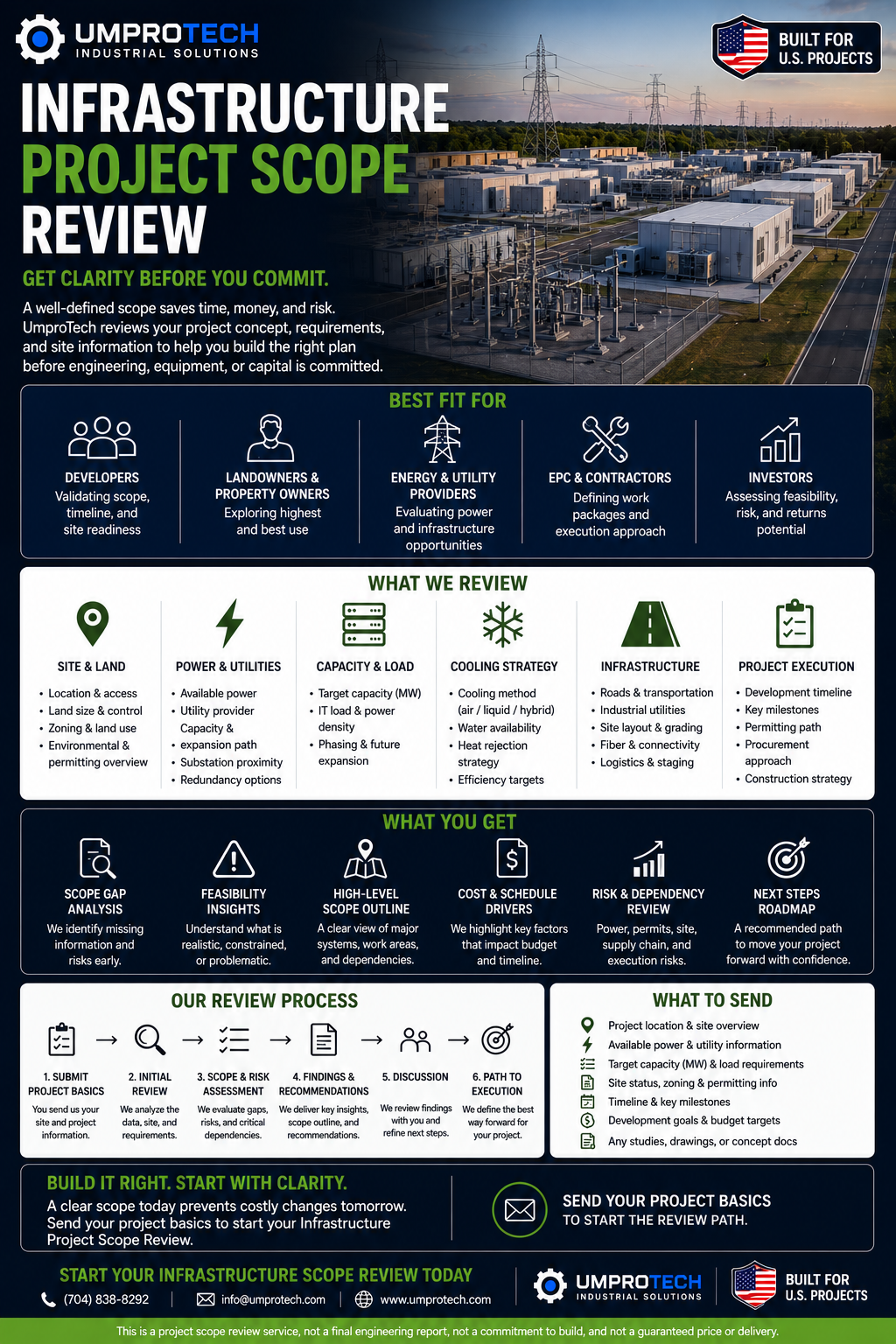 Infrastructure Project Scope Review USA | Site, Power & Equipment Path shown for UmproTech project planning / infrastructure quote review, delivery planning
