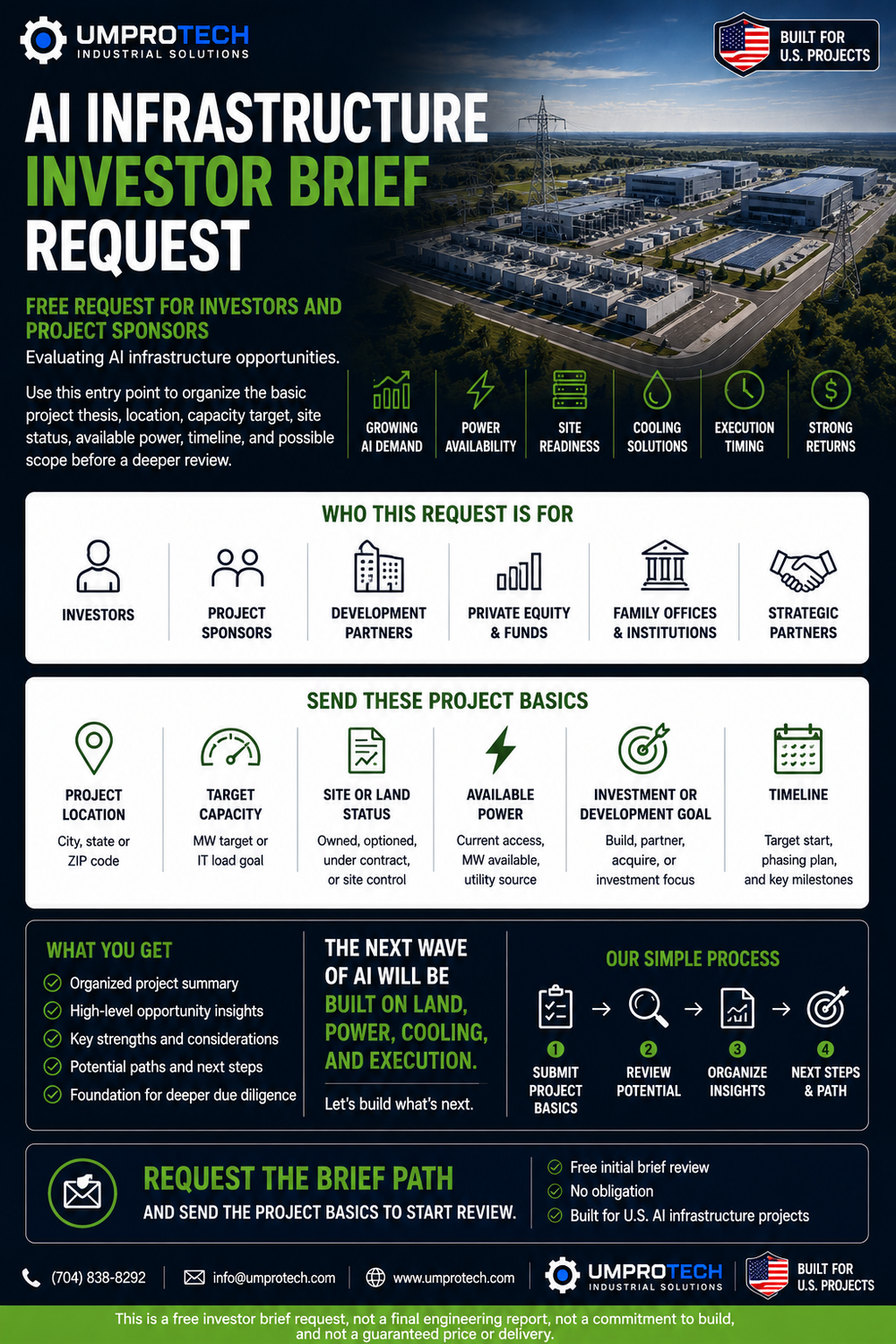 AI Infrastructure Investor Brief Request USA | Project Readiness Review shown for UmproTech project planning / infrastructure quote review, delivery planning