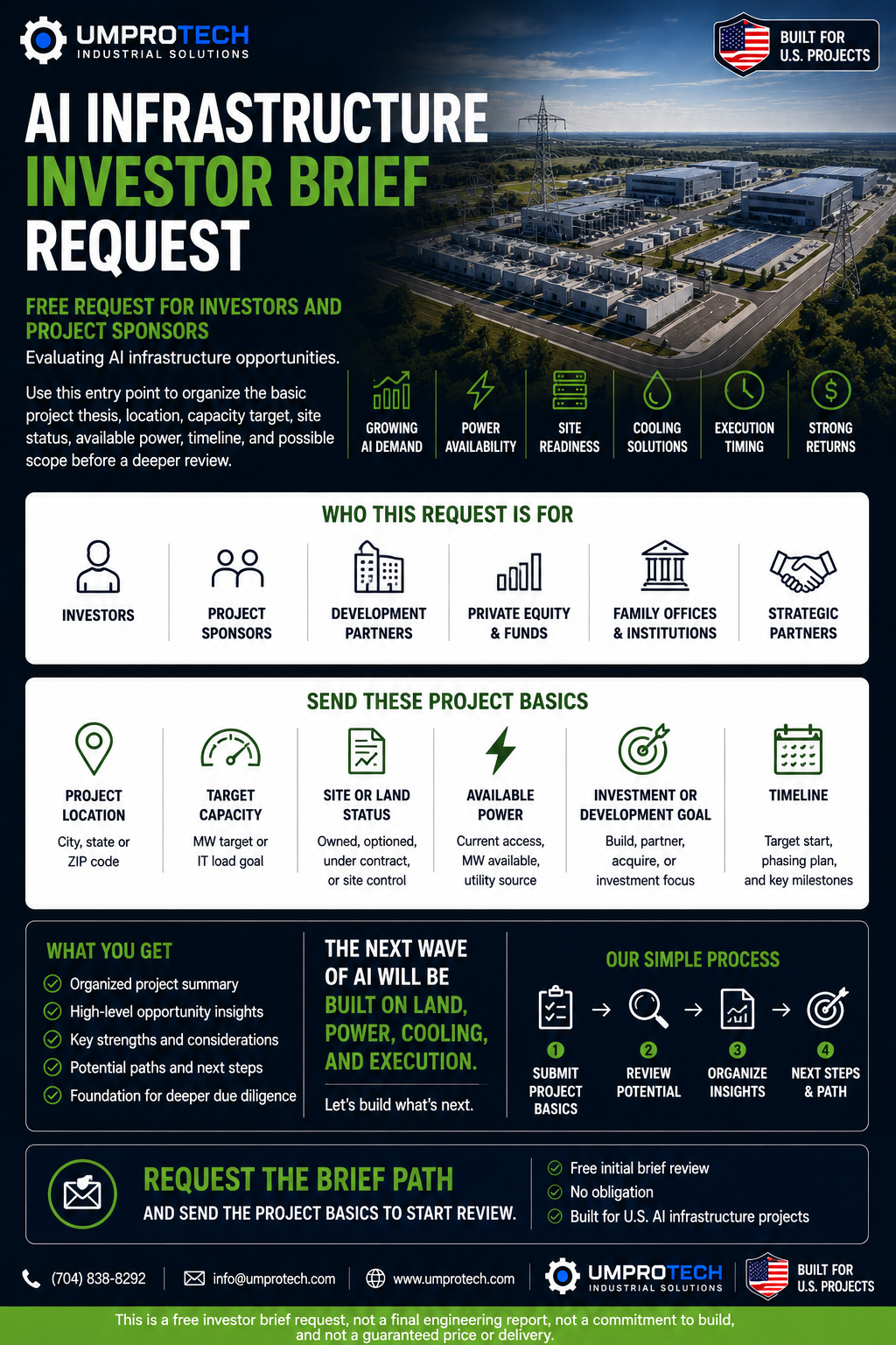 AI Infrastructure Investor Brief Request USA | Project Readiness Review shown for UmproTech project planning / infrastructure quote review, delivery planning