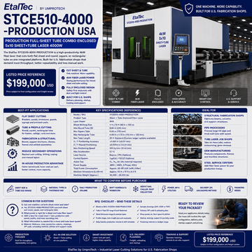 EtalTec Stce Sheet & Tube Fiber Laser Cutters — STCE510-4000-PRODUCTION • Production Full-Sheet Tube Combo Enclosed 5x10 Sheet+Tube Laser 4000W