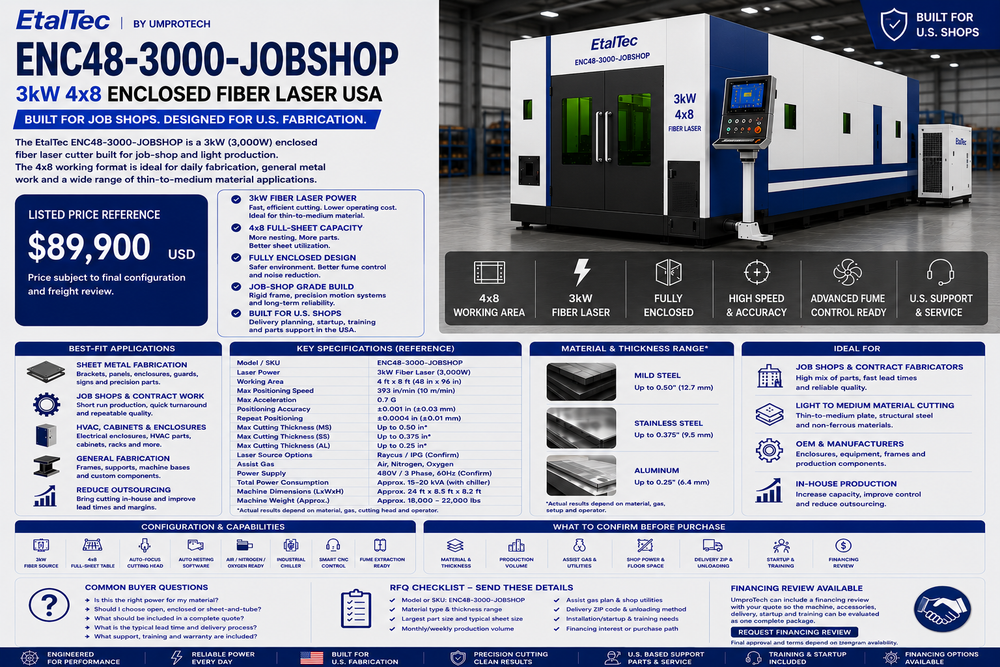EtalTec ENC48-3000-JOBSHOP 3kW 4x8 Enclosed Fiber Laser USA
