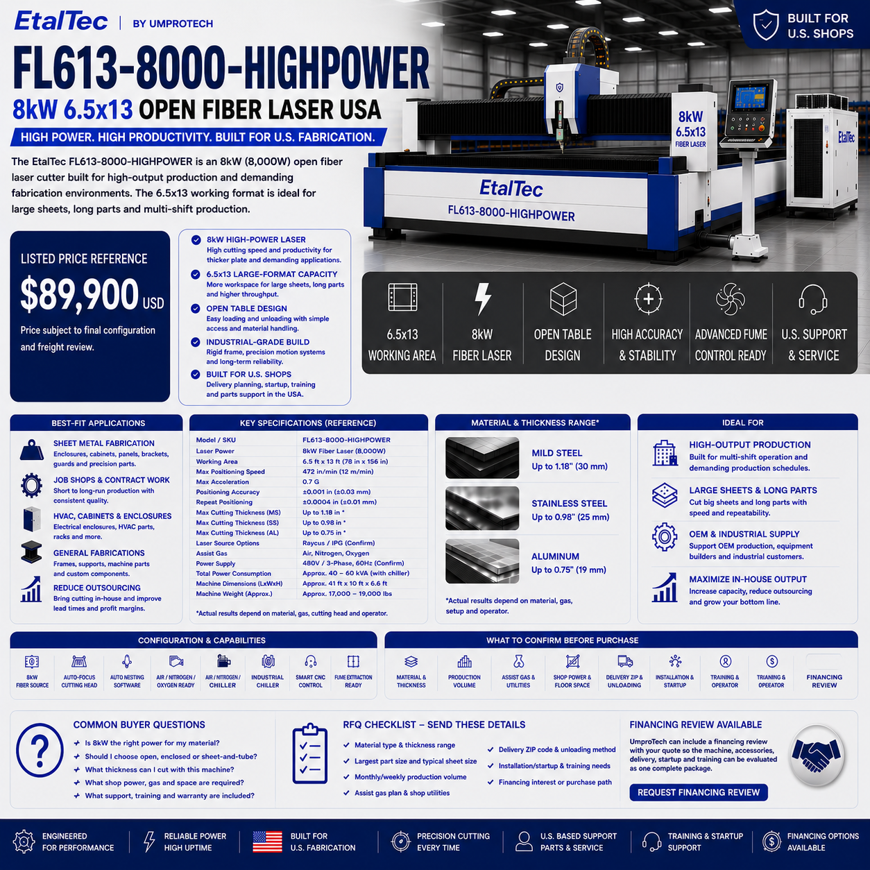 EtalTec FL613 HighPower 8kW 6.5x13 open fiber laser