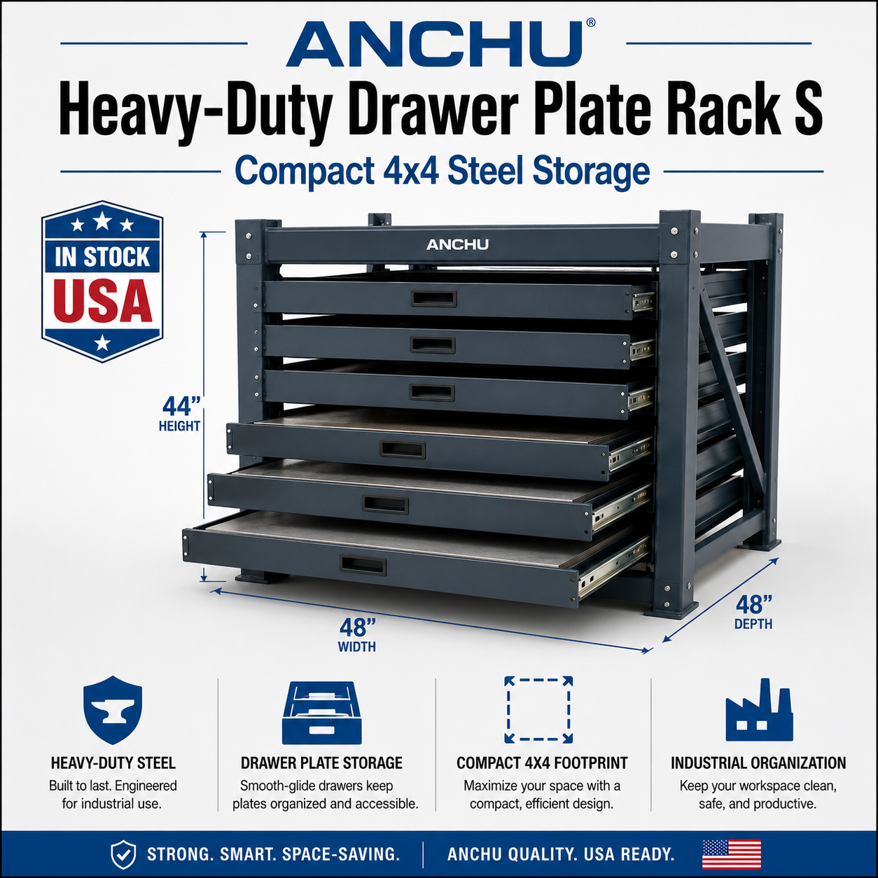 ANCHU Heavy-Duty Drawer Plate Rack S USA – Compact 4x4 Steel Storage for U.S. industrial equipment buyers