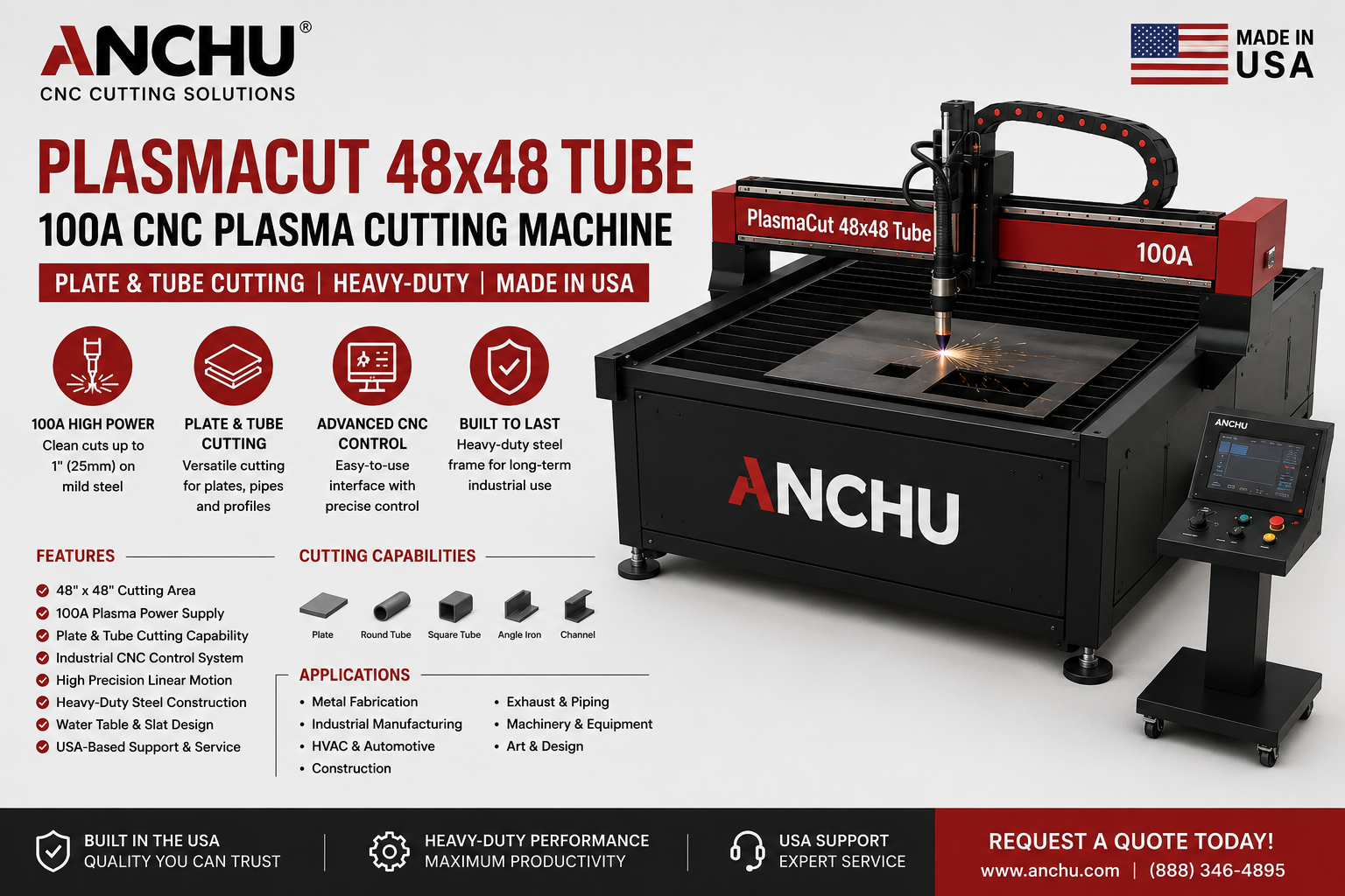 ANCHU PlasmaCut 48x48 Tube 100A CNC Plasma Plate & Tube Cutting Machine USA for U.S. industrial equipment buyers