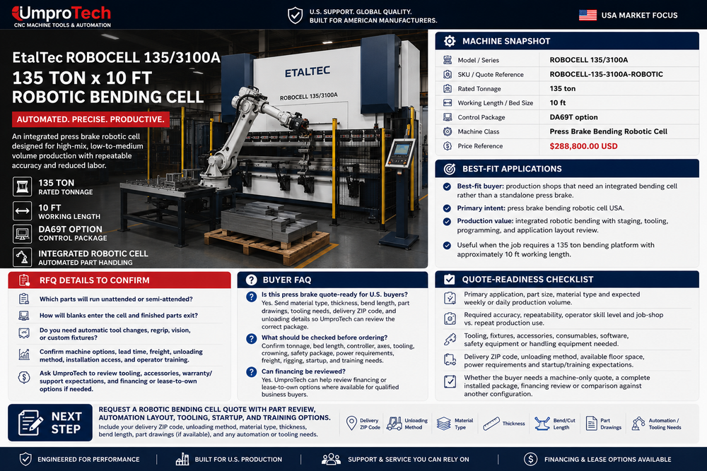 EtalTec ROBOCELL 135/3100A USA – 135 Ton x 10 ft Press Brake Bending Robotic Cell