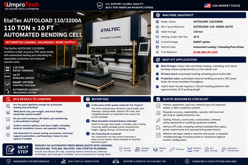 EtalTec AUTOLOAD 110/3200A USA – 110 Ton x 10 ft Automated Loading / Unloading Press Brake