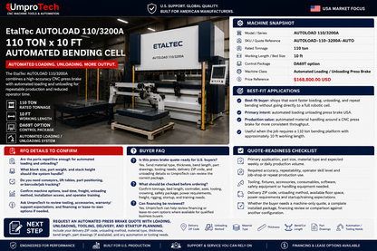 EtalTec AUTOLOAD 110/3200A USA – 110 Ton x 10 ft Automated Loading / Unloading Press Brake
