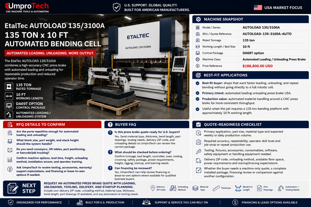 EtalTec AUTOLOAD 135/3100A USA – 135 Ton x 10 ft Automated Loading / Unloading Press Brake