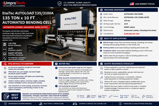 EtalTec AUTOLOAD 135/3100A USA – 135 Ton x 10 ft Automated Loading / Unloading Press Brake