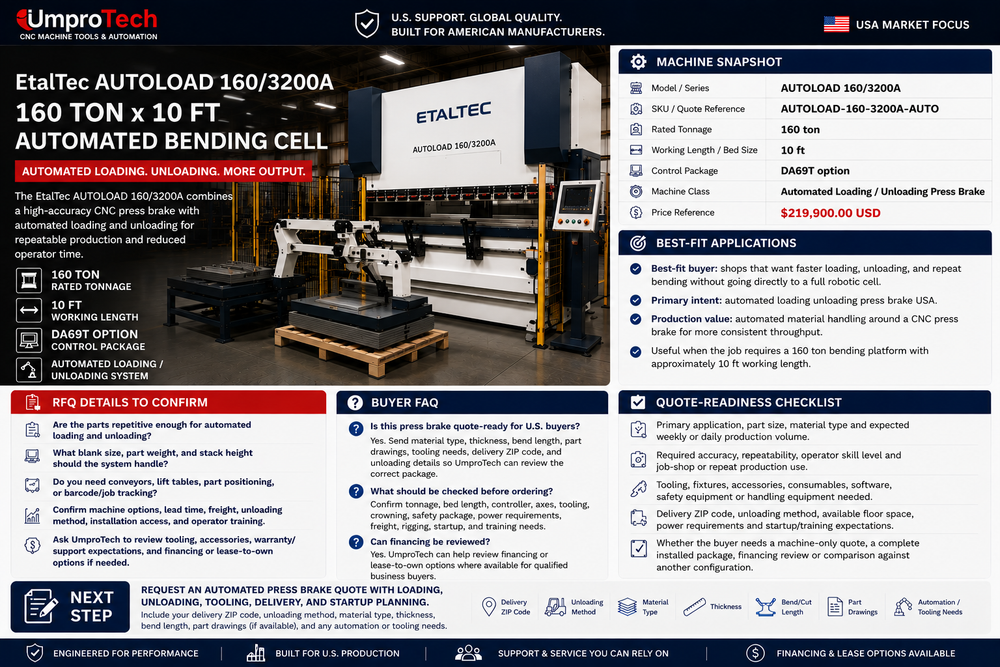 EtalTec AUTOLOAD 160/3200A USA – 160 Ton x 10 ft Automated Loading / Unloading Press Brake