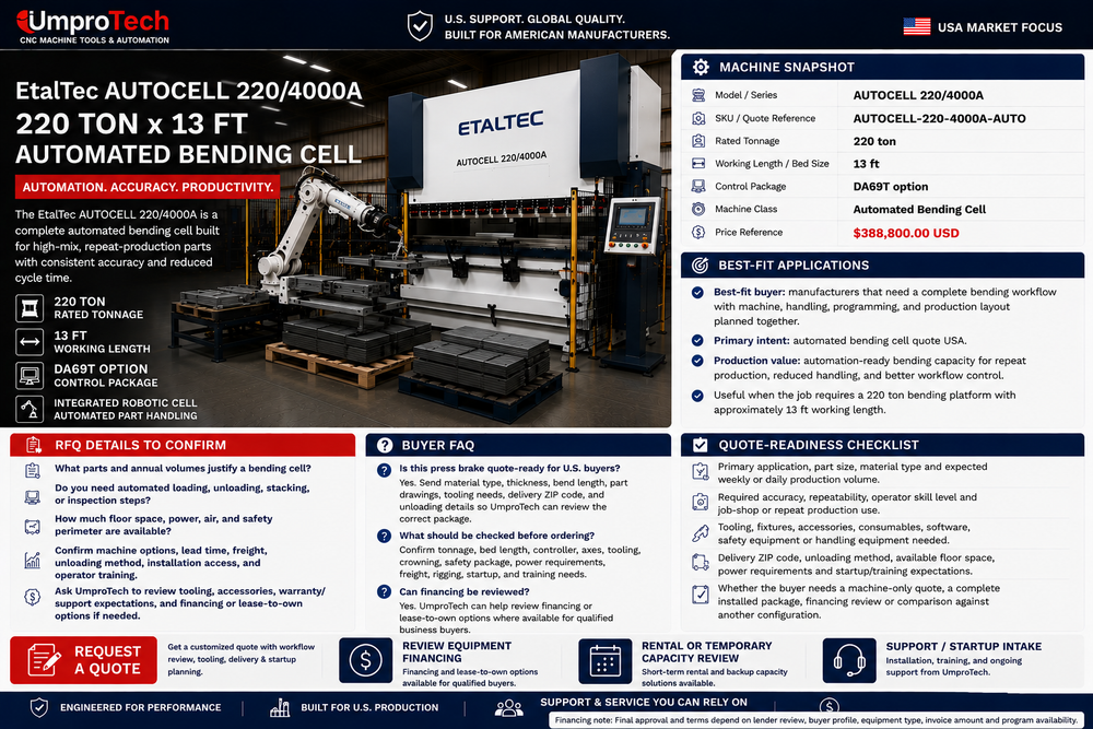 EtalTec AUTOCELL 220/4000A USA – 220 Ton x 13 ft Automated Bending Cell