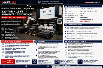 EtalTec AUTOCELL 220/4000A USA – 220 Ton x 13 ft Automated Bending Cell