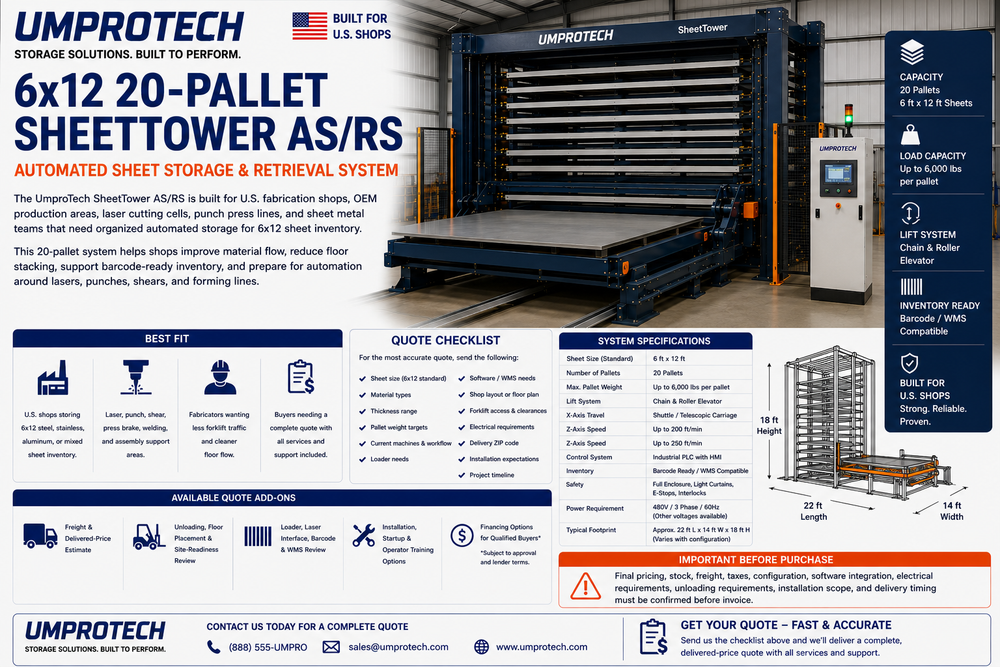 UmproTech SheetTower AS/RS 6x12, 20-Pallet Automated Sheet Storage USA - Automated Sheet Storage AS/RS for U.S. fabrication buyers