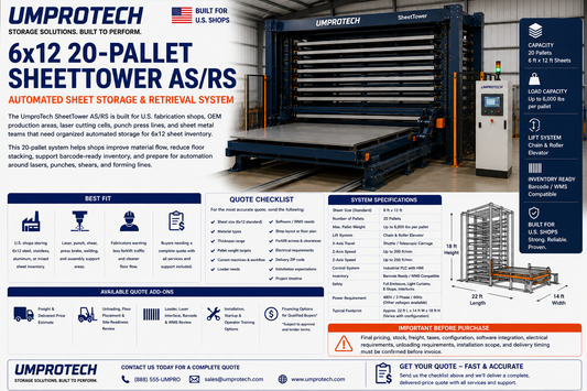 UmproTech SheetTower AS/RS 6x12, 20-Pallet Automated Sheet Storage