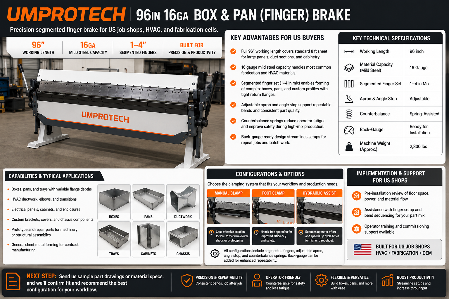 UmproTech Box & Pan Brake 96in 16ga Segmented Finger Brake USA - UmproTech Box & Pan Brake package review for U.S. buyers, applications, delivery and startup support