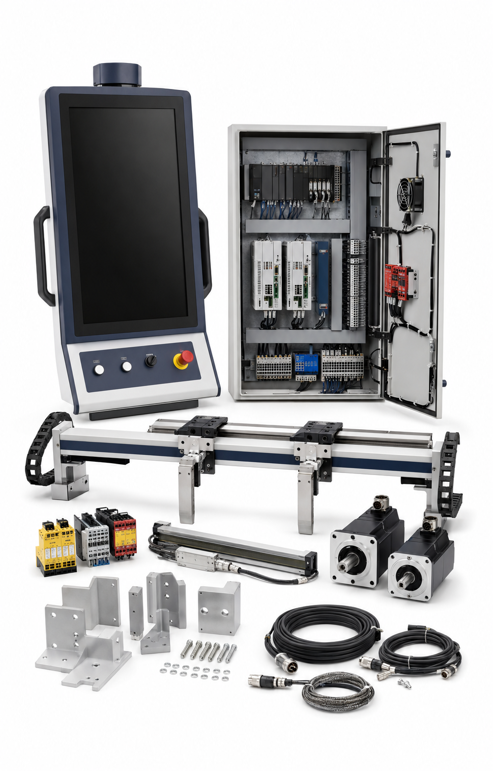 Compatible Accurpress press brake retrofit and control upgrade kit on a white background