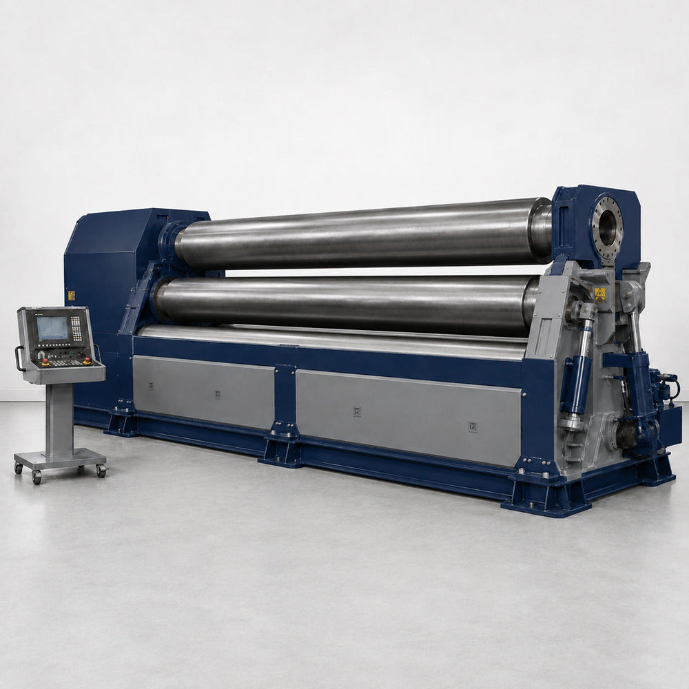 Catalog rendering of a heavy-duty 5/8 in by 10 ft three-roll double-pinch CNC plate rolling machine