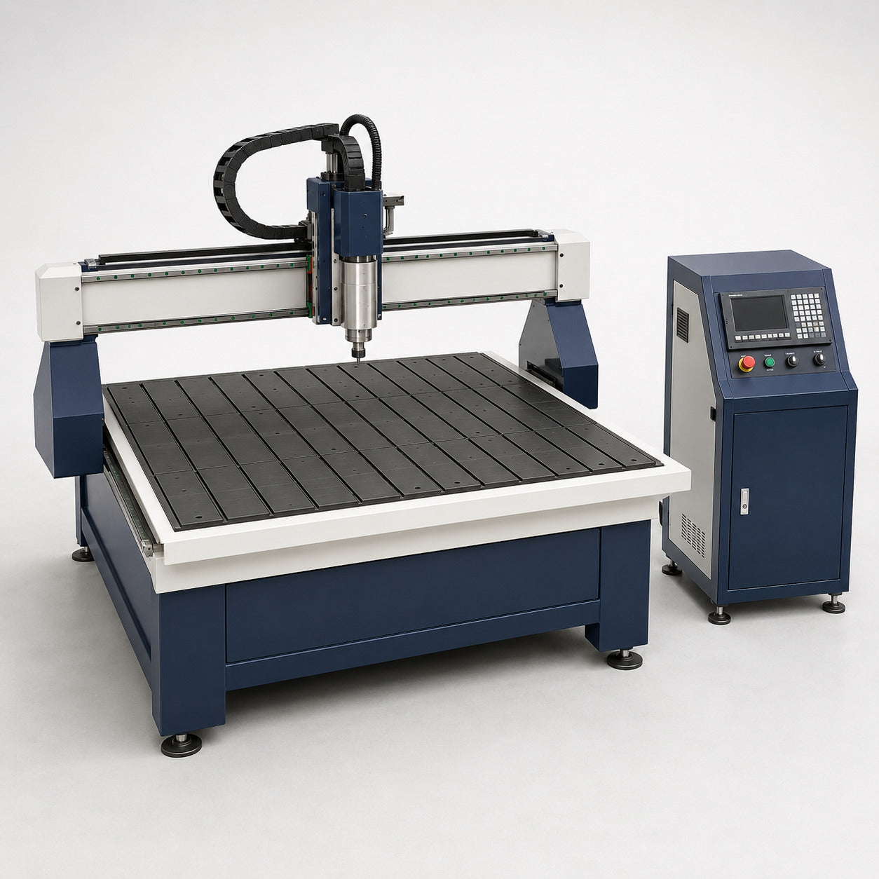 Catalog rendering of a compact 4 ft by 4 ft CNC router table with single spindle