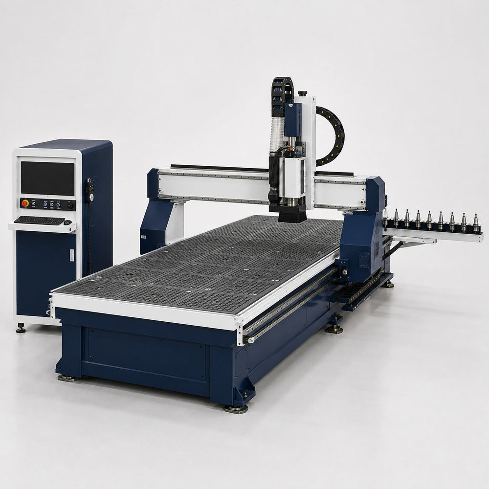 Catalog rendering of a 5 ft by 10 ft CNC router with ATC spindle and linear tool magazine