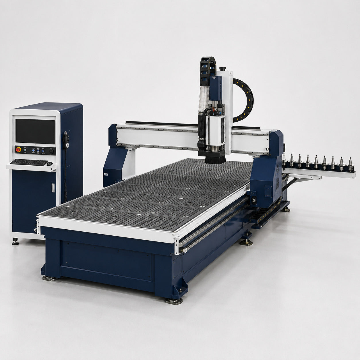 Catalog rendering of a 5 ft by 10 ft CNC router with ATC spindle and linear tool magazine